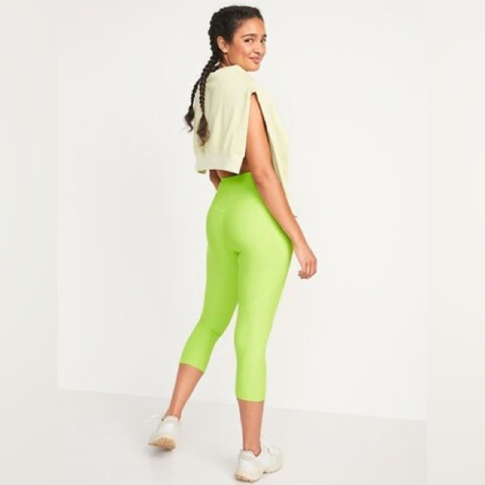 Old Navy Powersoft Crop Neon Yellow High Waist Active Leggings w/Pockets Small - Picture 3 of 7